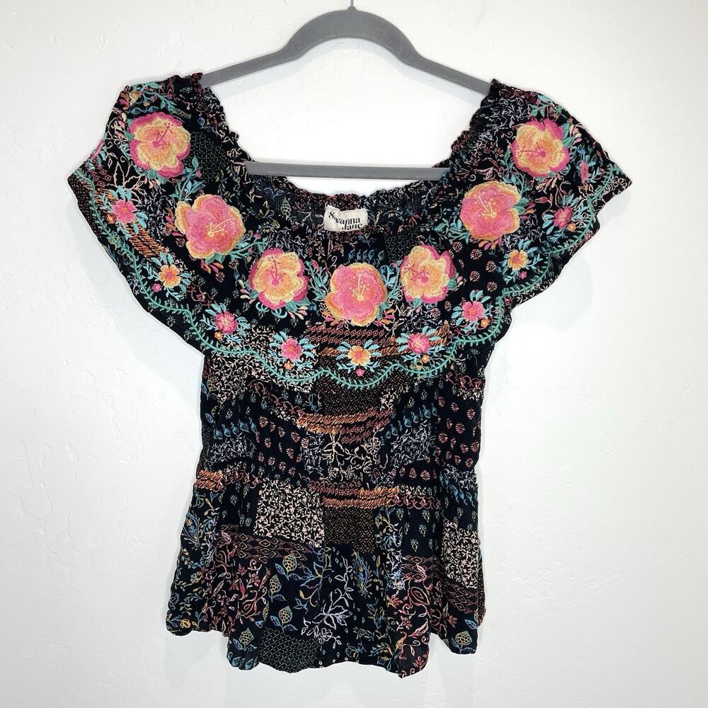 Savanna Jane Off Shoulder Embroidered Top Womens Plus 1X Black Floral